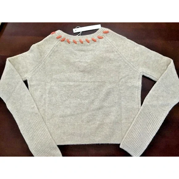 One Grey Day Cashmere V Neck Oatmeal Orange Stitch Sweater Size Small NWT $378 - Picture 3 of 8